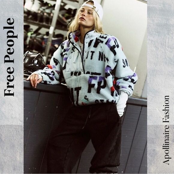 Free People Hit the slopes printed fleece pullover Stand out never still Large - Picture 1 of 9